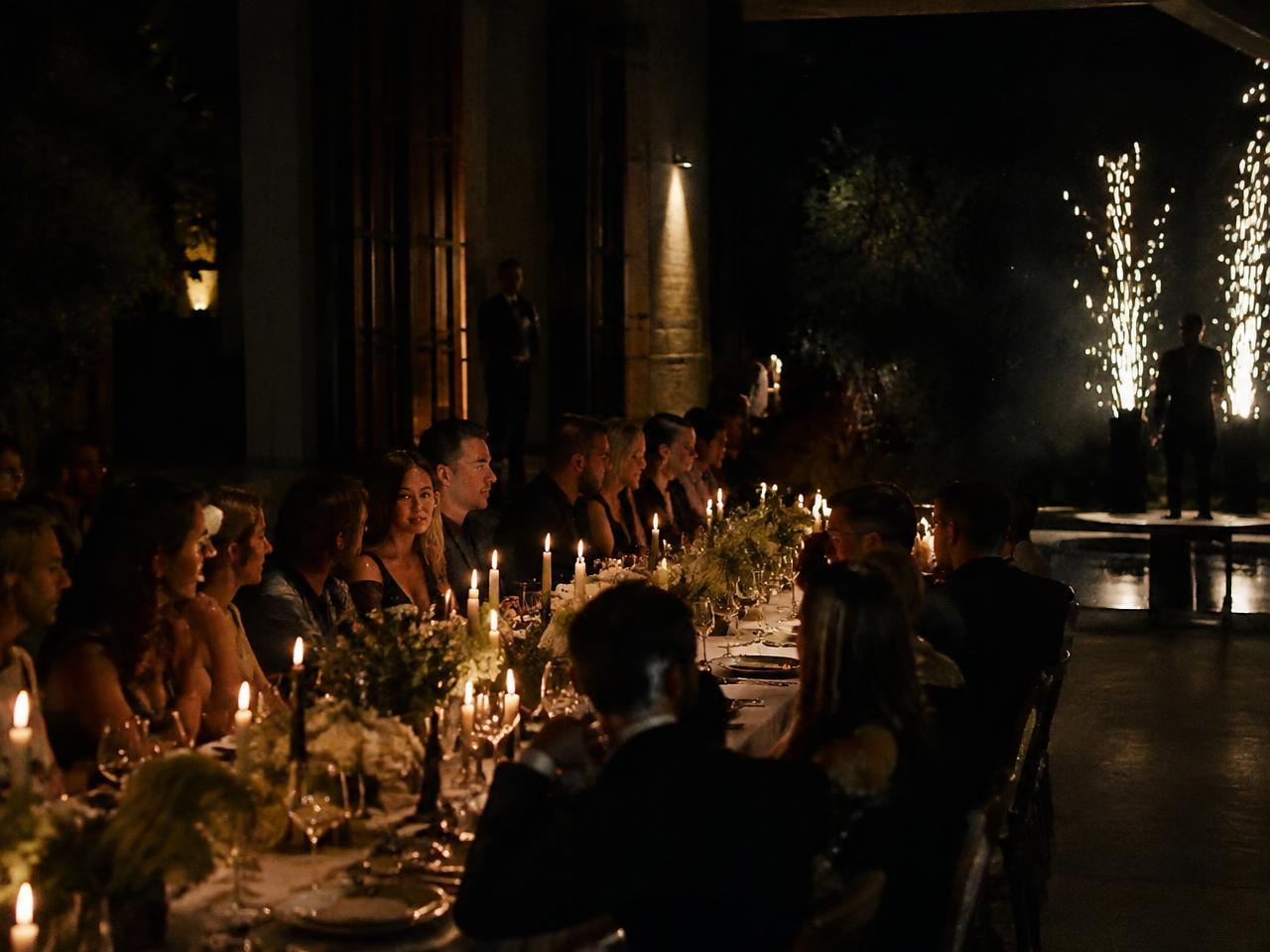 Candlelit private dinner with sparks in the background